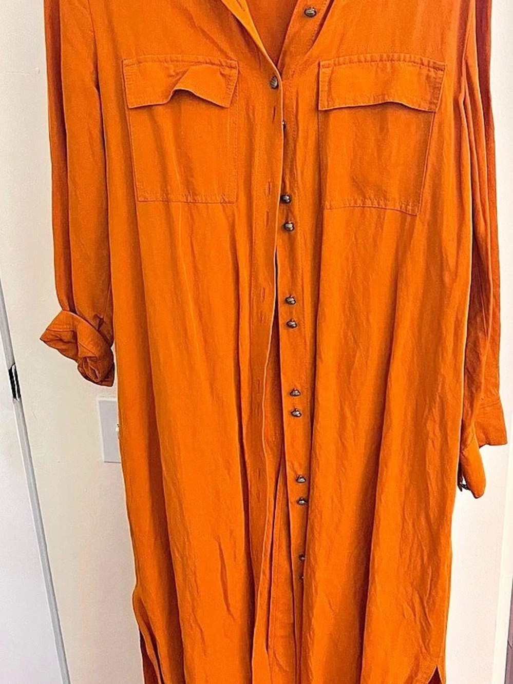 Zara Burnt Orange Button-Front Midi Shirt Dress Orange Medium